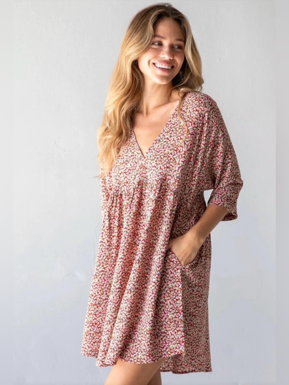 Natural Life Stella Babydoll Dress Red Floral Boho Size L / XL